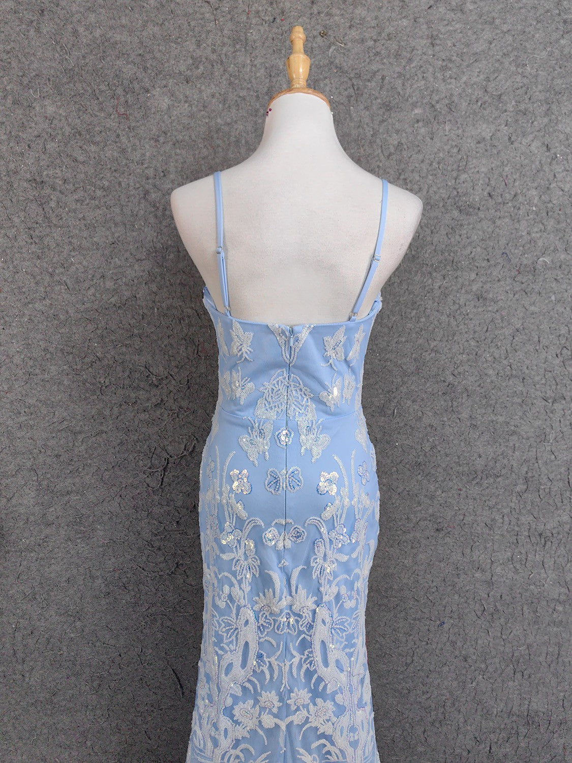 Elegant Light Blue Square Neck Spaghetti Strap Mermaid Sequin Tulle Long Classy Prom Dress