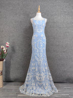 Elegant Light Blue Square Neck Spaghetti Strap Mermaid Sequin Tulle Long Classy Prom Dress