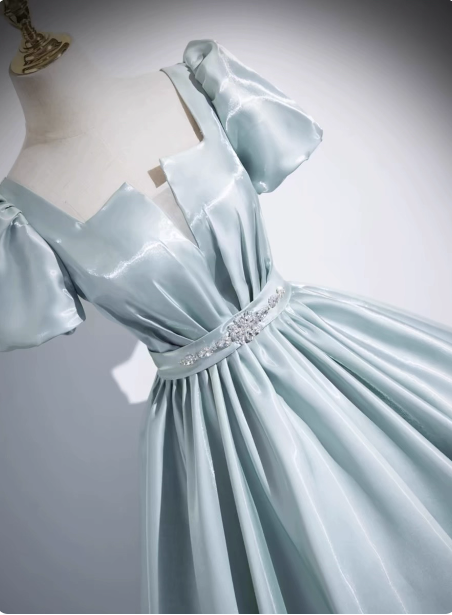 Elegant Light Cyan Square Neck Short Sleeve Satin Long Classy Prom Dress