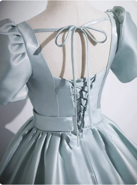 Elegant Light Cyan Square Neck Short Sleeve Satin Long Classy Prom Dress