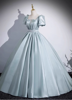 Elegant Light Cyan Square Neck Short Sleeve Satin Long Classy Prom Dress