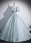Elegant Light Cyan Square Neck Short Sleeve Satin Long Classy Prom Dress