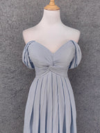 Elegant Light Gray A-Line Off-Shoulder Twist Ruffled Chiffon Long Classy Prom Dress Bridesmaid Dress