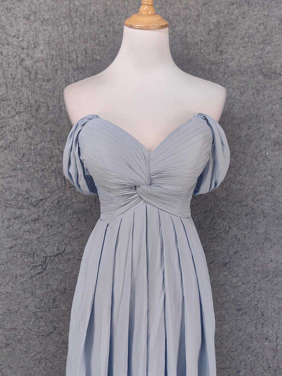 Elegant Light Gray A-Line Off-Shoulder Twist Ruffled Chiffon Long Classy Prom Dress Bridesmaid Dress