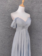 Elegant Light Gray A-Line Off-Shoulder Twist Ruffled Chiffon Long Classy Prom Dress Bridesmaid Dress