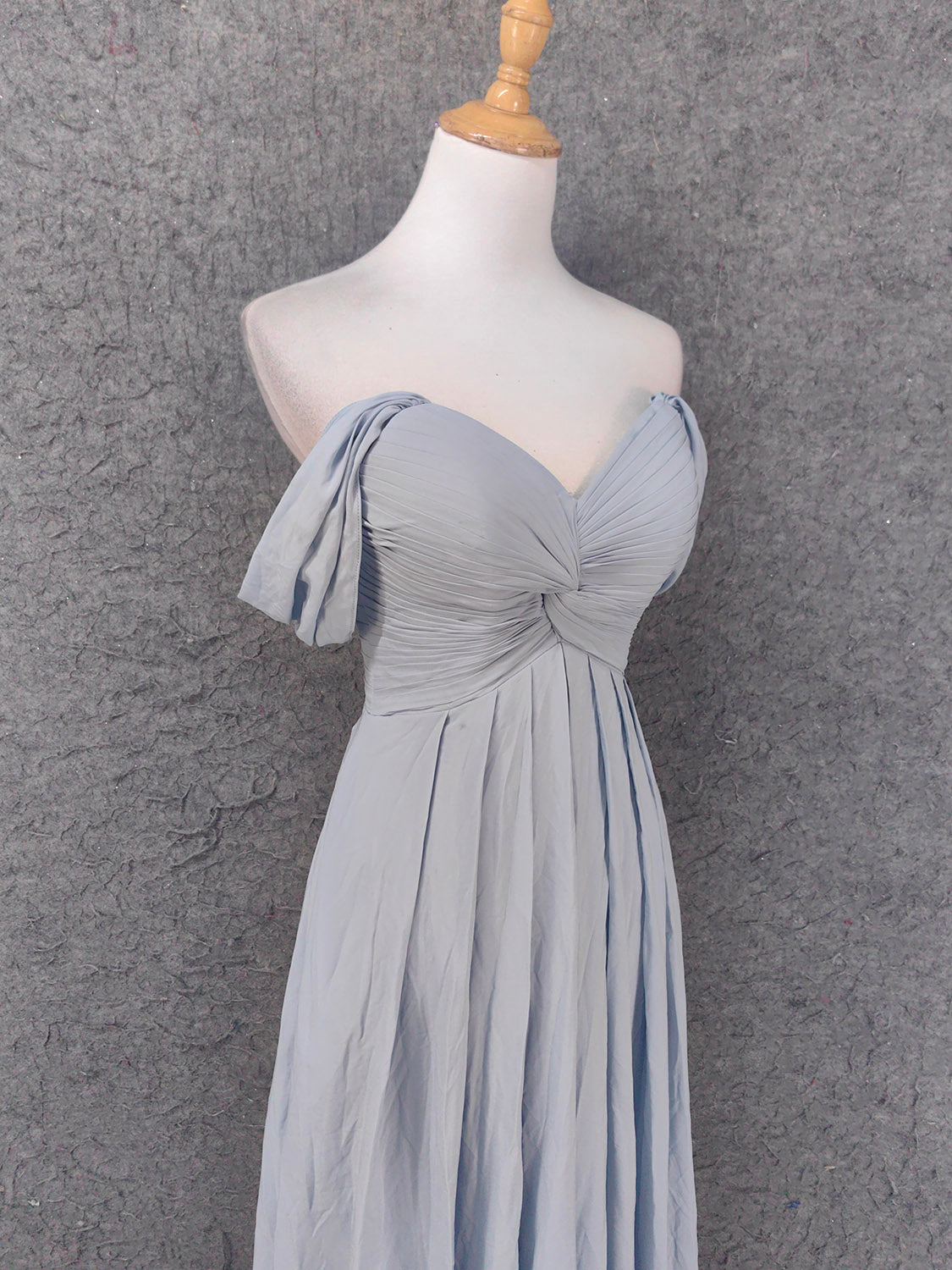 Elegant Light Gray A-Line Off-Shoulder Twist Ruffled Chiffon Long Classy Prom Dress Bridesmaid Dress