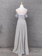 Elegant Light Gray A-Line Off-Shoulder Twist Ruffled Chiffon Long Classy Prom Dress Bridesmaid Dress