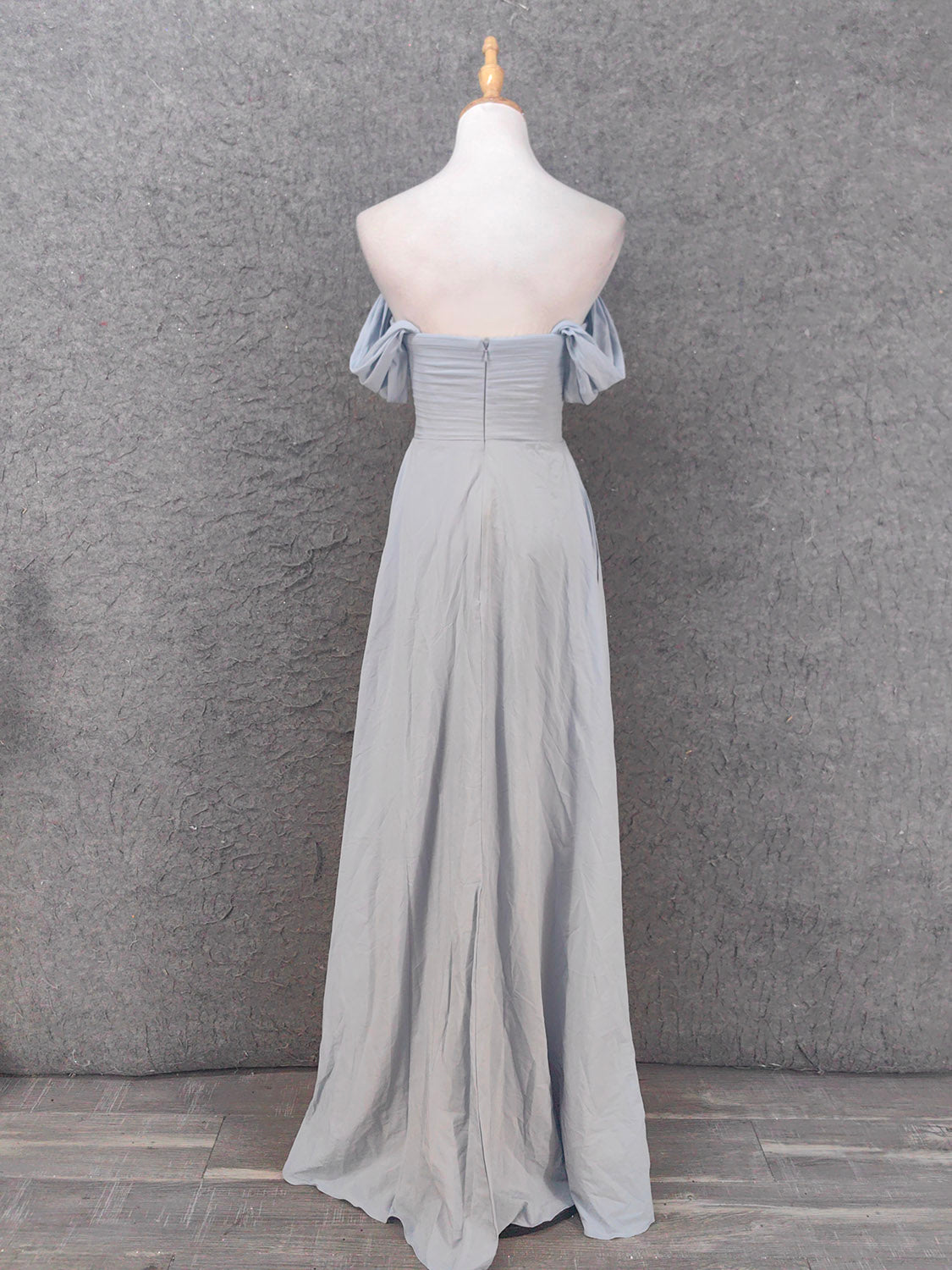 Elegant Light Gray A-Line Off-Shoulder Twist Ruffled Chiffon Long Classy Prom Dress Bridesmaid Dress