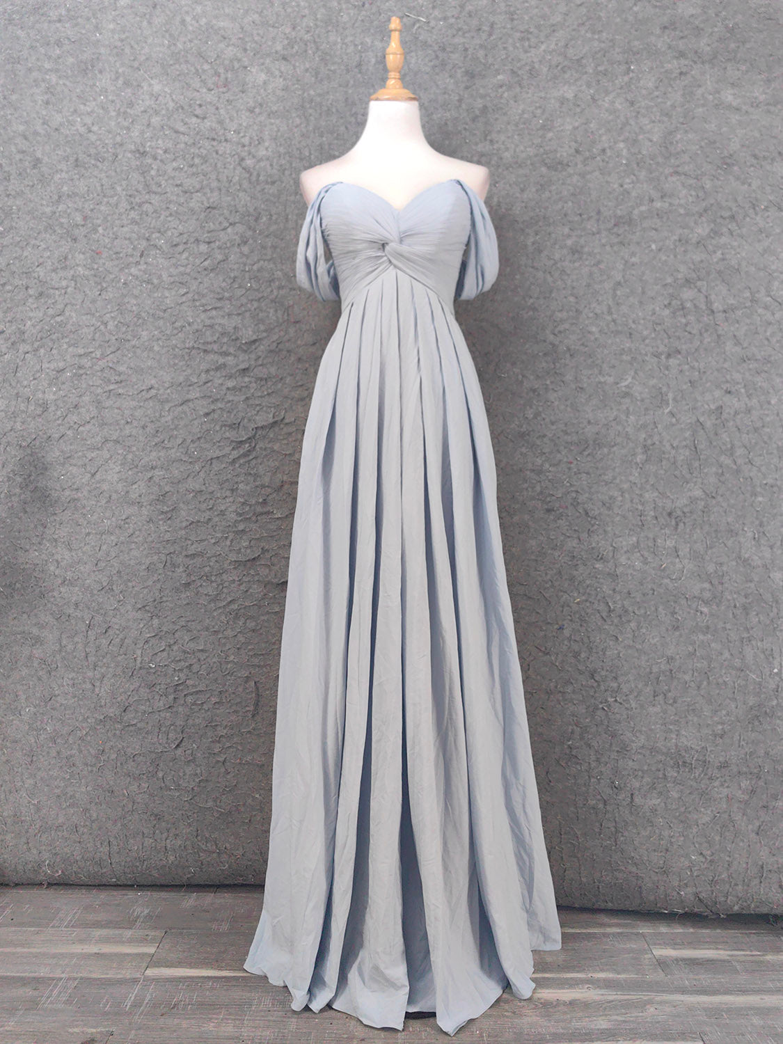 Elegant Light Gray A-Line Off-Shoulder Twist Ruffled Chiffon Long Classy Prom Dress Bridesmaid Dress Main image