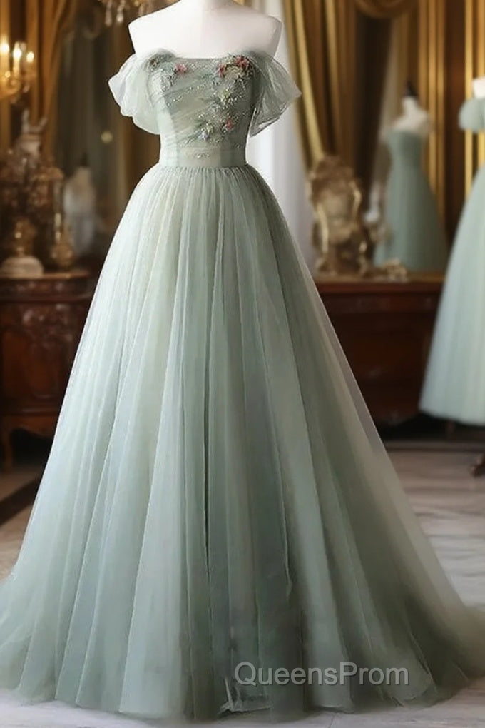 Elegant Light Green A-Line Tulle Off The Shoulder Long Evening Prom Dress Evening Dress, Main image