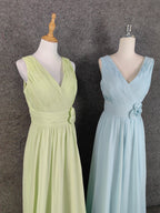 Elegant Light Green A-Line V-Neck Sleeveless Ruffled Chiffon Long Classy Prom Dress