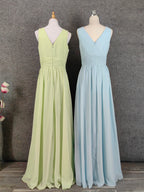 Elegant Light Green A-Line V-Neck Sleeveless Ruffled Chiffon Long Classy Prom Dress