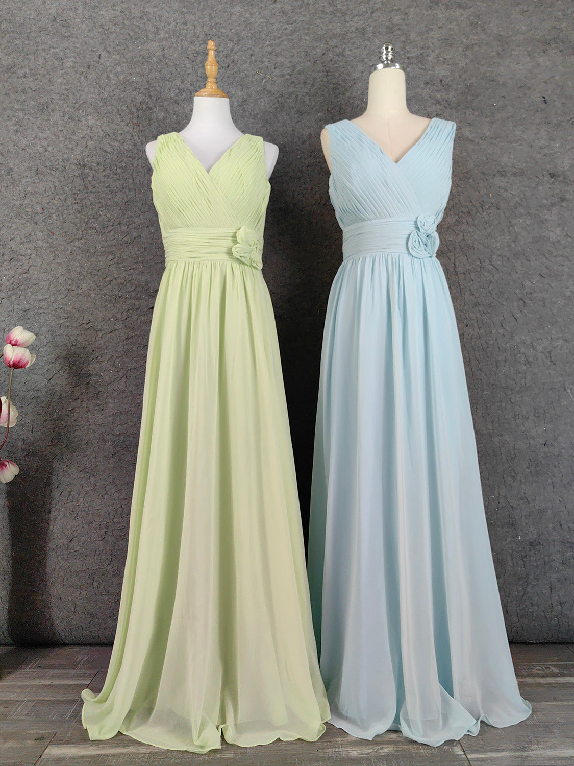 Elegant Light Green A-Line V-Neck Sleeveless Ruffled Chiffon Long Classy Prom Dress Main image