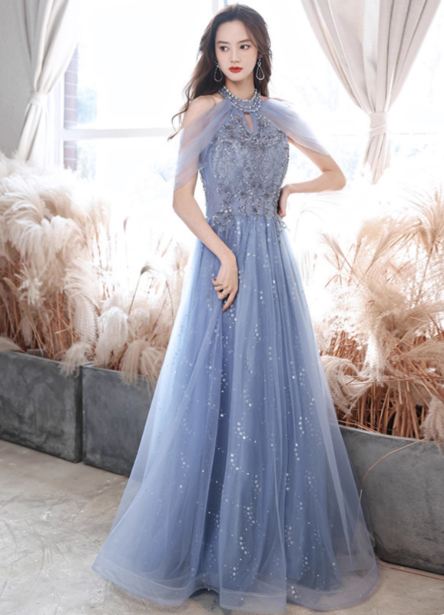 Elegant Light Haze Blue A-Line Halter Cold Shoulder Tulle Long Classy Prom Dress