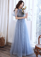 Elegant Light Haze Blue A-Line Halter Cold Shoulder Tulle Long Classy Prom Dress