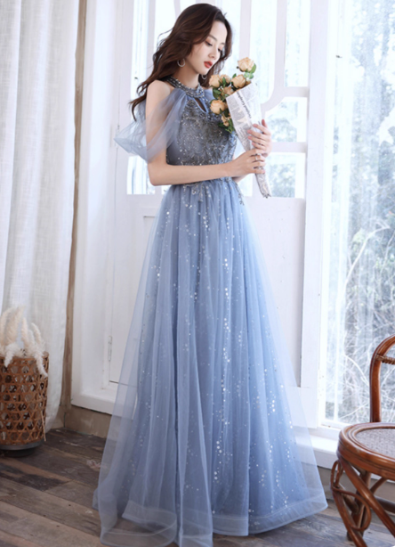 Elegant Light Haze Blue A-Line Halter Cold Shoulder Tulle Long Classy Prom Dress