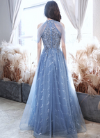 Elegant Light Haze Blue A-Line Halter Cold Shoulder Tulle Long Classy Prom Dress