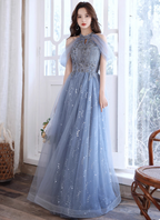 Elegant Light Haze Blue A-Line Halter Cold Shoulder Tulle Long Classy Prom Dress
