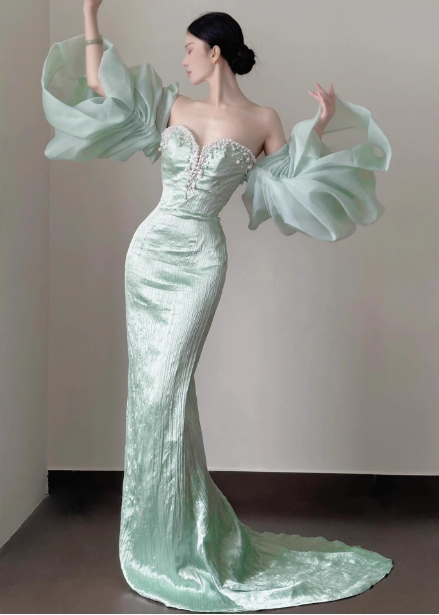 Elegant Light Mint Green Mermaid Sweetheart Neck Pearl Backless Shiny Satin Train Classy Prom Dress