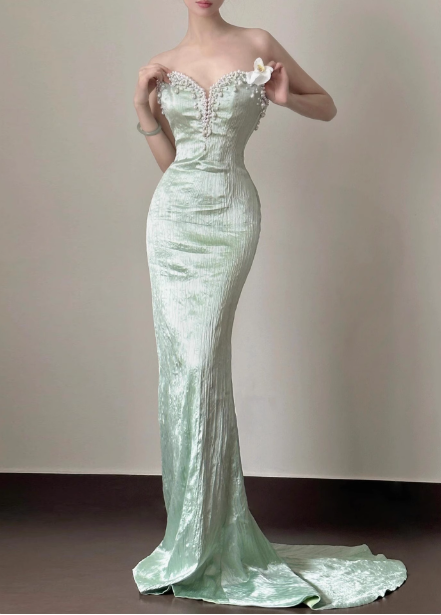Elegant Light Mint Green Mermaid Sweetheart Neck Pearl Backless Shiny Satin Train Classy Prom Dress