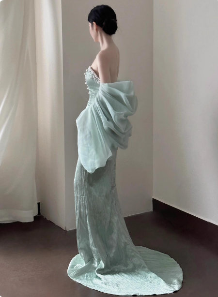 Elegant Light Mint Green Mermaid Sweetheart Neck Pearl Backless Shiny Satin Train Classy Prom Dress