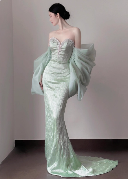 Elegant Light Mint Green Mermaid Sweetheart Neck Pearl Backless Shiny Satin Train Classy Prom Dress