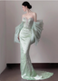 Elegant Light Mint Green Mermaid Sweetheart Neck Pearl Backless Shiny Satin Train Classy Prom Dress