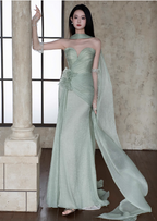 Elegant Light Mint Green Sweetheart Neck 3D Floral Split Chiffon Classy Prom Dress