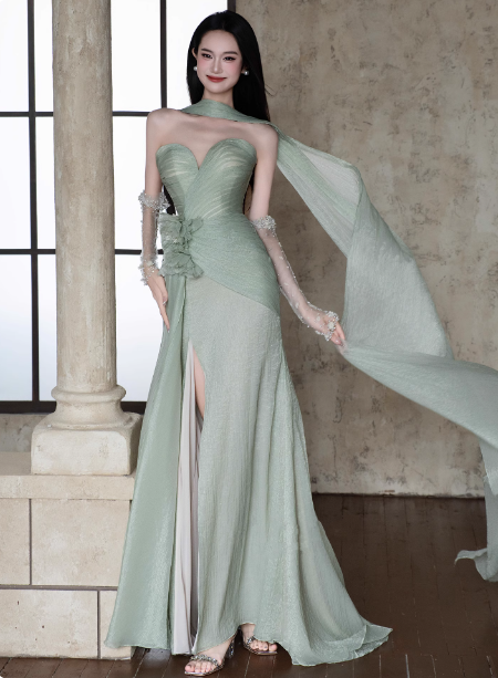 Elegant Light Mint Green Sweetheart Neck 3D Floral Split Chiffon Classy Prom Dress