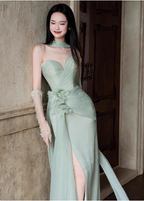 Elegant Light Mint Green Sweetheart Neck 3D Floral Split Chiffon Classy Prom Dress