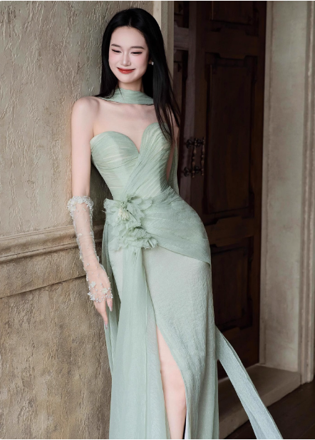 Elegant Light Mint Green Sweetheart Neck 3D Floral Split Chiffon Classy Prom Dress