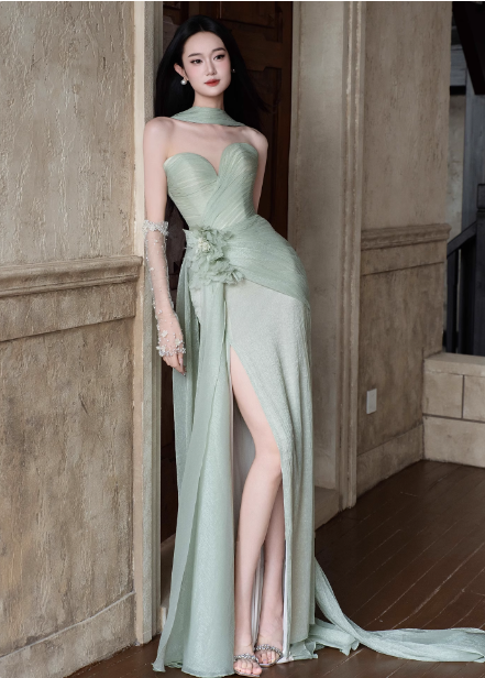 Elegant Light Mint Green Sweetheart Neck 3D Floral Split Chiffon Classy Prom Dress Main image