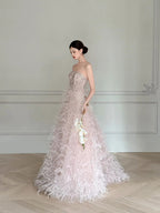 Elegant Light Pink A-Line Strapless Feather Long Classy Prom Dress