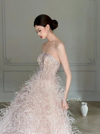 Elegant Light Pink A-Line Strapless Feather Long Classy Prom Dress