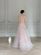 Elegant Light Pink A-Line Strapless Feather Long Classy Prom Dress