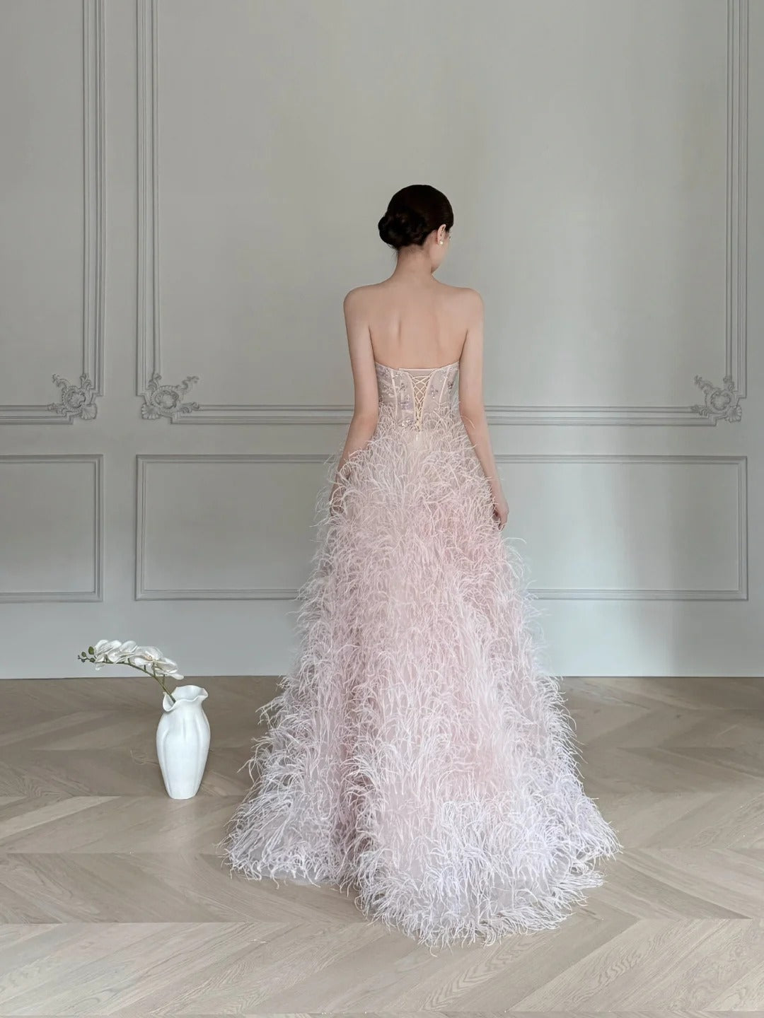 Elegant Light Pink A-Line Strapless Feather Long Classy Prom Dress