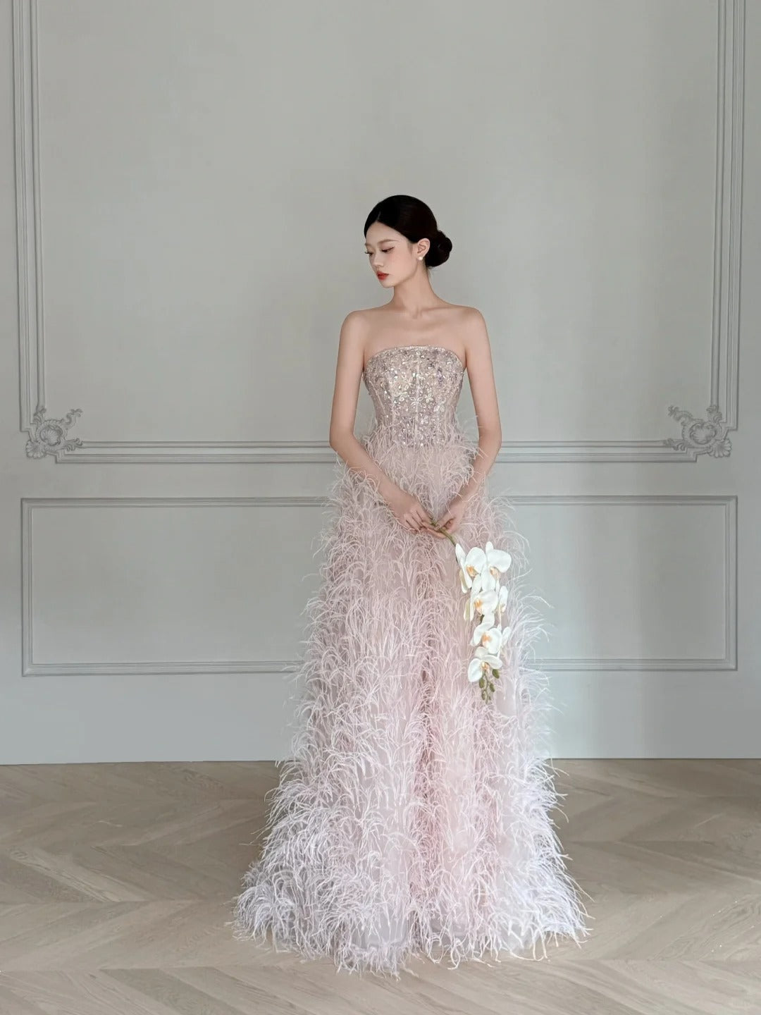 Elegant Light Pink A-Line Strapless Feather Long Classy Prom Dress