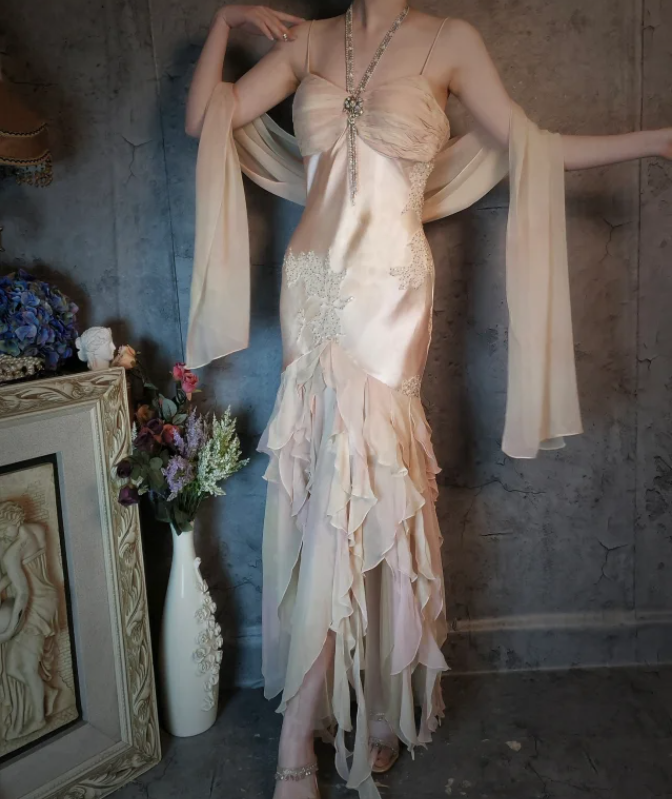 Elegant Light Pink Mermaid Beaded Layered Ruffled Satin Classy Prom Dress