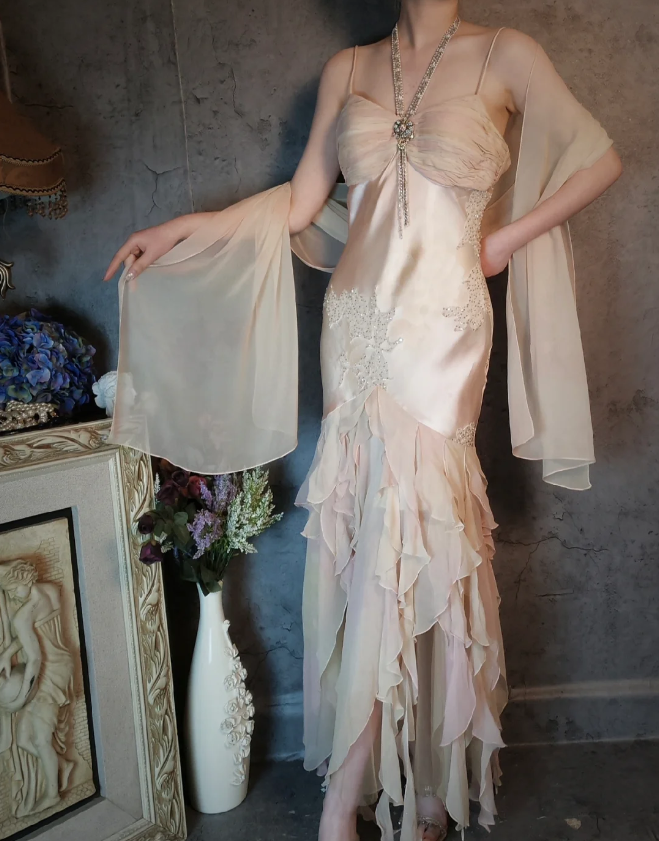 Elegant Light Pink Mermaid Beaded Layered Ruffled Satin Classy Prom Dress