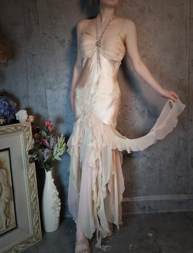 Elegant Light Pink Mermaid Beaded Layered Ruffled Satin Classy Prom Dress