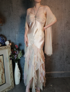 Elegant Light Pink Mermaid Beaded Layered Ruffled Satin Classy Prom Dress