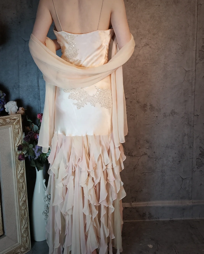 Elegant Light Pink Mermaid Beaded Layered Ruffled Satin Classy Prom Dress