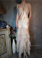Elegant Light Pink Mermaid Beaded Layered Ruffled Satin Classy Prom Dress