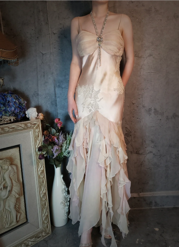 Elegant Light Pink Mermaid Beaded Layered Ruffled Satin Classy Prom Dress