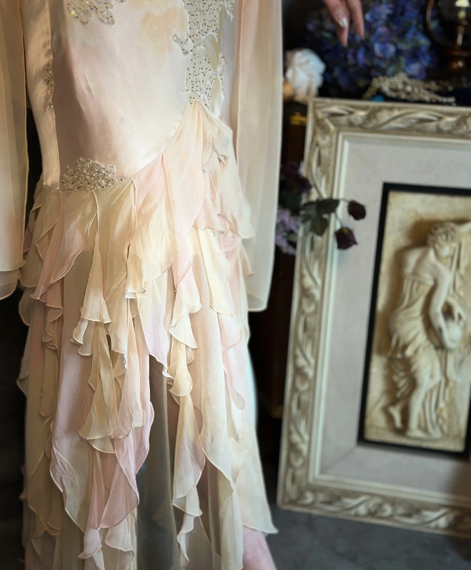 Elegant Light Pink Mermaid Beaded Layered Ruffled Satin Classy Prom Dress
