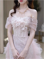 Elegant Light Pink Mermaid Off-The-Shoulder Sequined Sheer Tulle Long Classy Prom Dress
