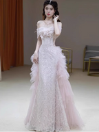 Elegant Light Pink Mermaid Off-The-Shoulder Sequined Sheer Tulle Long Classy Prom Dress
