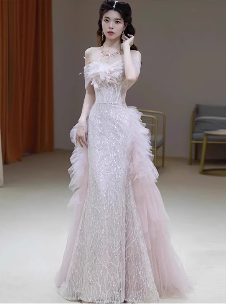 Elegant Light Pink Mermaid Off-The-Shoulder Sequined Sheer Tulle Long Classy Prom Dress
