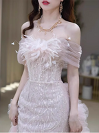 Elegant Light Pink Mermaid Off-The-Shoulder Sequined Sheer Tulle Long Classy Prom Dress