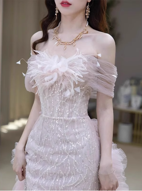 Elegant Light Pink Mermaid Off-The-Shoulder Sequined Sheer Tulle Long Classy Prom Dress
